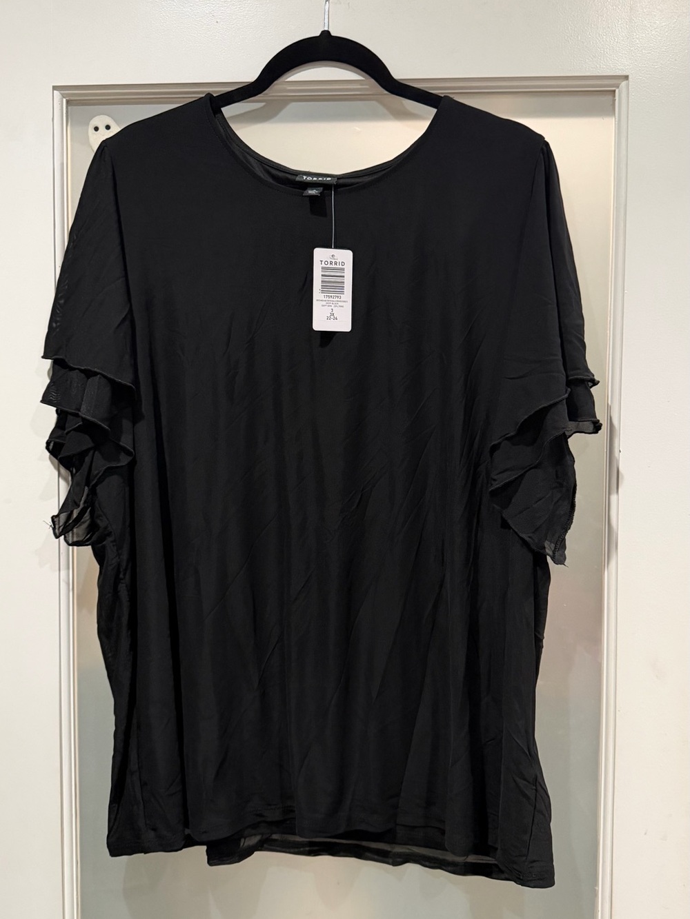Torrid Stretch Mesh And Stretch Challis Crew Neck Double Flutter Sleeve Top